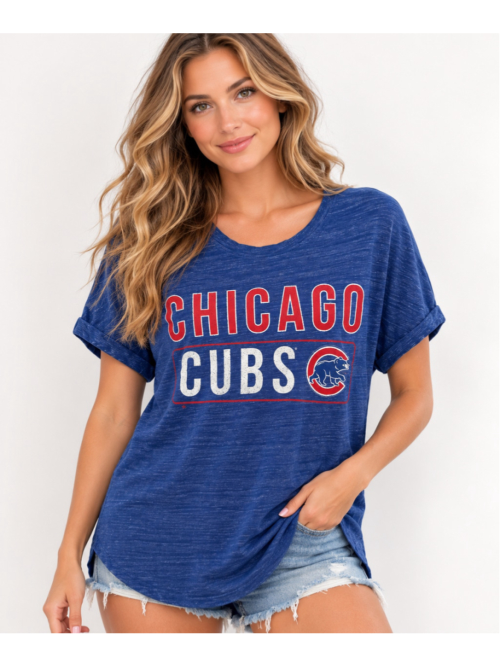 Majestic Chicago Cubs Women’s Blue Graphic T-Shirt Size Small MLB Baseball Tee
